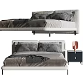 Modern Double Bed with Light Headboard Gray Bedding Metal Frame Nightstand and Table Lamp 3d model