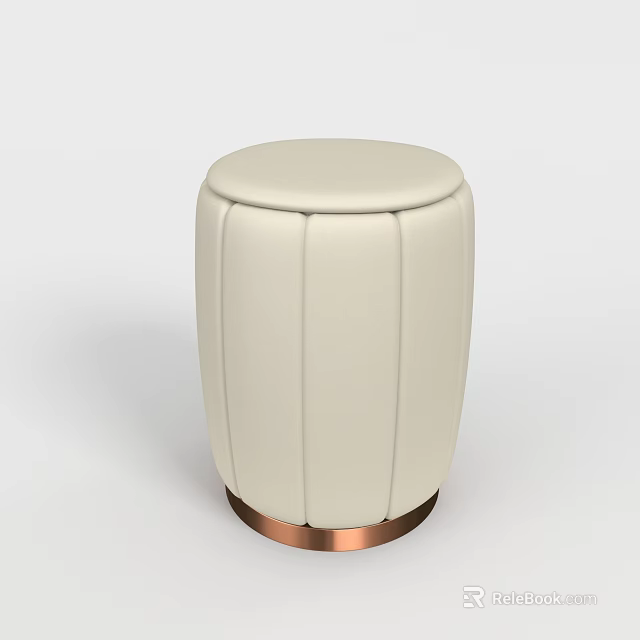 Beige Leather Sofa Stool With Stitched Design And Brass Base 3d model 