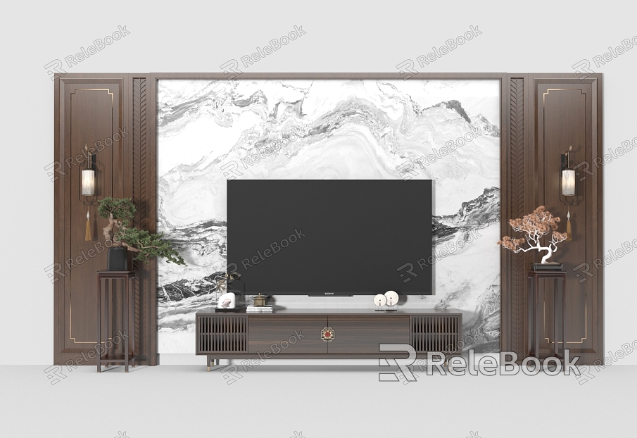 New Chinese TV background wall TV wall background wall cabinet model