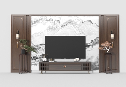 New Chinese TV background wall TV wall background wall cabinet 3d model