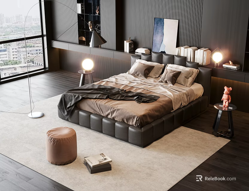 Black Leather Double Bed In Modern Interior With Brown Sheets Floor Lamp And City View 3d model 