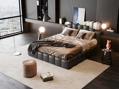 Black Leather Double Bed In Modern Interior With Brown Sheets Floor Lamp And City View 3d model