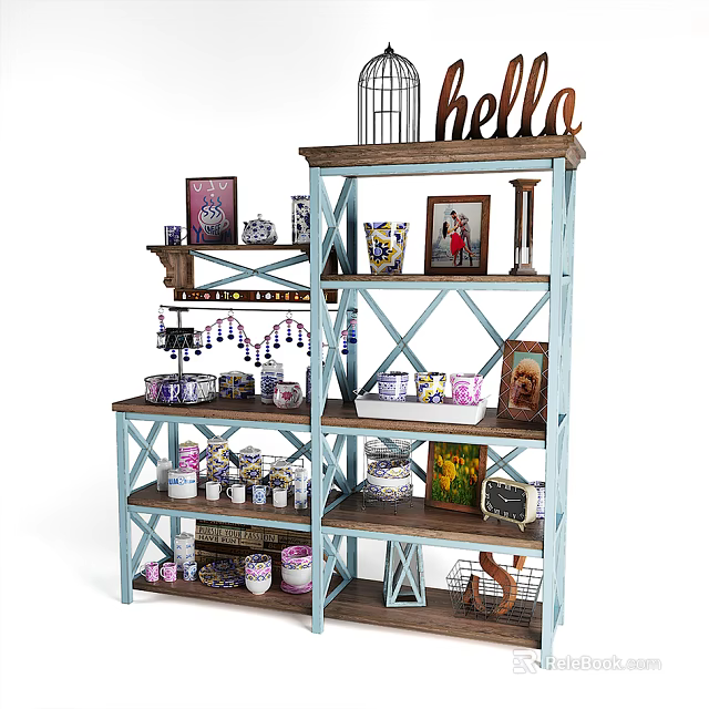 Wooden Storage Shelf Unit With Blue Frame Hello Decor Vases And Photo Frames 3d model 