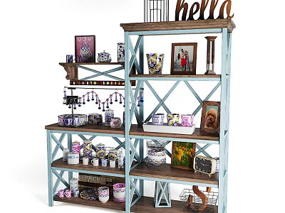Wooden Storage Shelf Unit With Blue Frame Hello Decor Vases And Photo Frames 3d model
