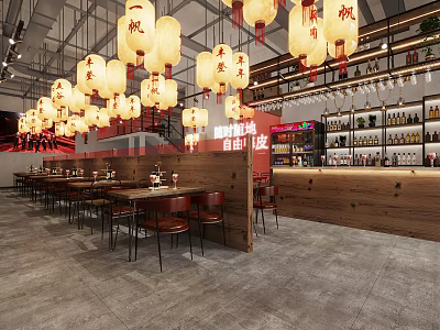 Traditional Chinese Restaurant Interior With Hanging Paper Lanterns Dining Tables And Bar Counter 3d model