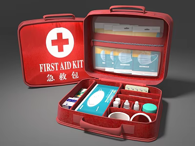 Red Open First Aid Kit With Medical Supplies Masks Bottles And Bandages 3d model