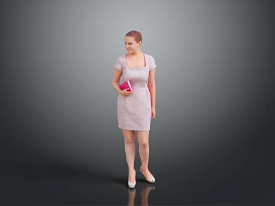 A Woman in Pink Checkered Dress Holding Pink Notebook Standing on Grey Background 3d model