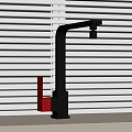 Modern Black and Red Faucet with Sleek Contemporary Design and White Blinds Backdrop