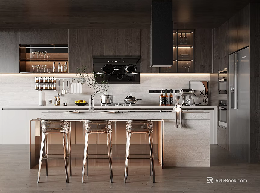 Modern Kitchen Interior Design With Wooden Elements Island Counter And Metal Bar Stools 3d model 