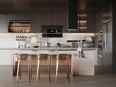 Modern Kitchen Interior Design With Wooden Elements Island Counter And Metal Bar Stools 3d model