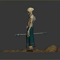Alien Fantasy Creature Holding Blue Staff Standing on Desert Sand Surface