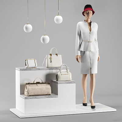 Fashion Model in White Stylish Suit with Handbags on Display Stands and Pendant Lights 3d model