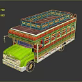 Vibrant Open Top Bus With Green Front And Colorful Striped Decorations