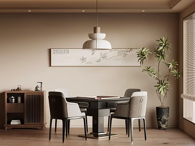 Cozy Dining Room Interior With Round Table Chairs Pendant Light Artwork And Green Plant 3d model