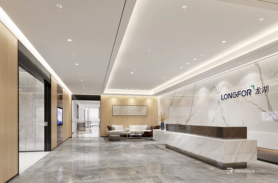 Modern Front Desk Reception Area With Marble Countertop Sofa Seating And Elegant Lighting 3d model 