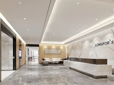 Modern Front Desk Reception Area With Marble Countertop Sofa Seating And Elegant Lighting 3d model