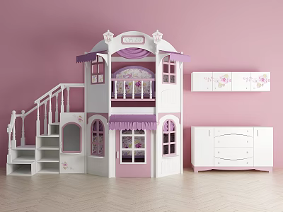 Pink and White Princess Castle Kids Bed with Staircase Windows and Floral Storage Cabinet 3d model