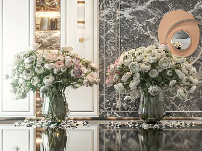 Beautiful Glass Vases With Pink White Roses Against Marble Wall With Round Mirror And Lighting 3d model