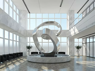 Front Desk Reception in Modern Lobby with Large Windows Marble Walls and Silver Spiral Sculpture 3d model