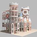 Pink And White Castle Themed Playground Equipment With Multiple Towers Slides And Stairs For Kids