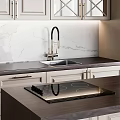 Modern Kitchen Light Gray Cabinets With Marble Countertop And Black Range Hood