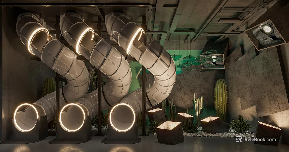 Industrial Style Playground Pipe Slide With Glowing Ring Lights Square Small Lights And Cacti 3d model 