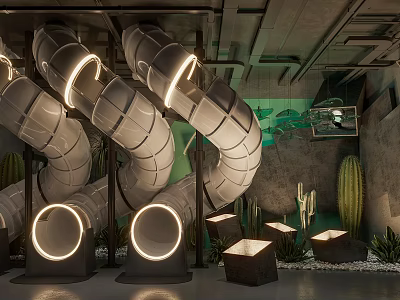 Industrial Style Playground Pipe Slide With Glowing Ring Lights Square Small Lights And Cacti 3d model