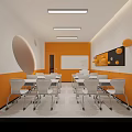 School Classroom With Orange White Walls White Desks Chairs Round Window Whiteboard And Wall Decorations