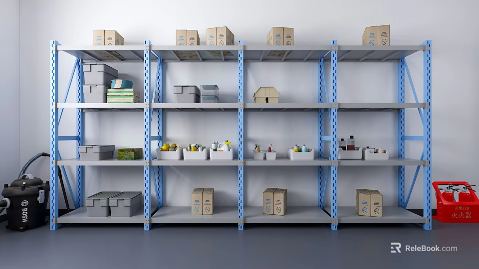 Metal Display Shelving Units With Blue Frame Multi Tier Storage Boxes For Organizing Supplies 3d model 