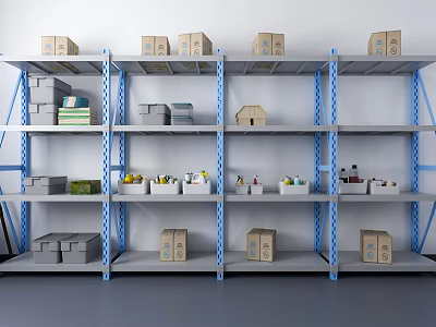 Metal Display Shelving Units With Blue Frame Multi Tier Storage Boxes For Organizing Supplies 3d model