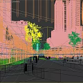 Modern Commercial Street With High Rise Buildings Pedestrians Shops And Evening Lighting