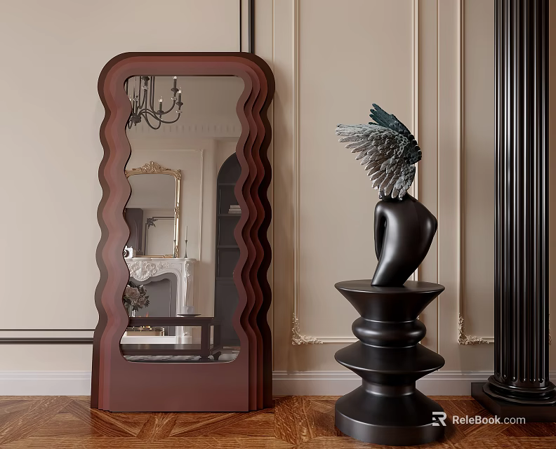 Wooden Framed Wavy Floor Mirror With Black Winged Sculpture And Decorative Wall 3d model 