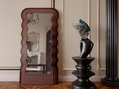 Wooden Framed Wavy Floor Mirror With Black Winged Sculpture And Decorative Wall 3d model