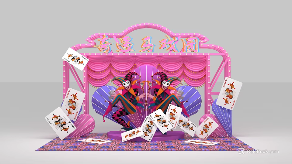 Whimsical Circus Stage With Pink Purple Curtains Clowns And Scattered Playing Cards 3d model 