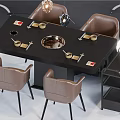 Black Dining Table Set with Brown Leather Chairs Copper Hot Pot and Gold Condiment Bowls