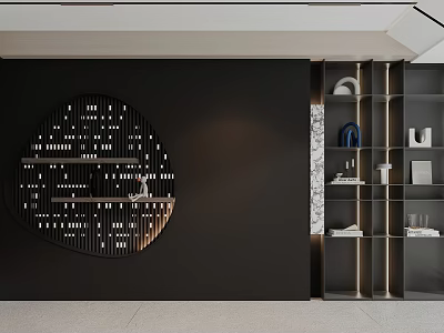 Modern Black Sofa Backdrop Wall With Circular Decor Shelves 3d model