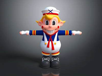 Cute Cartoon Sailor Character In Blue White Red Outfit With Blonde Hair And Outstretched Arms 3d model