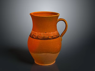 Carved Orange Earthenware Jug with Intricate Wave Patterns and Handle 3d model