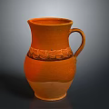 Carved Orange Earthenware Jug with Intricate Wave Patterns and Handle