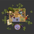 Wooden Desk And Bookshelf With Potted Plants Tea Set Purple Flowers And Scattered Green Leaves