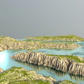 Scenic Garden Landscape With Rocky Cliffs Green Vegetation And Calm Water
