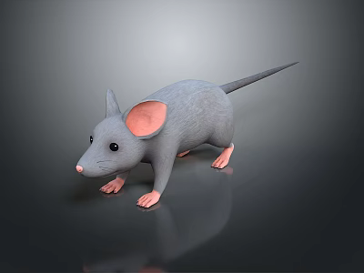 Animated Gray Mouse Character With Large Pink Ears And Paws On Dark Smooth Surface 3d model