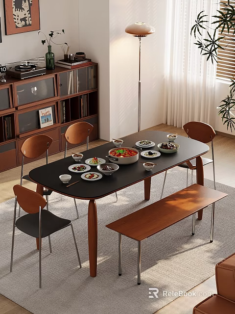 Modern Restaurant Interior With Black Dining Table Various Dishes Wooden Chairs Bench And Green Plant 3d model 