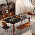 Modern Restaurant Interior With Black Dining Table Various Dishes Wooden Chairs Bench And Green Plant