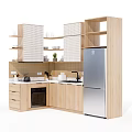 Modern Kitchen Interior With Wooden Cabinets Stove Sink Open Shelves And Refrigerator