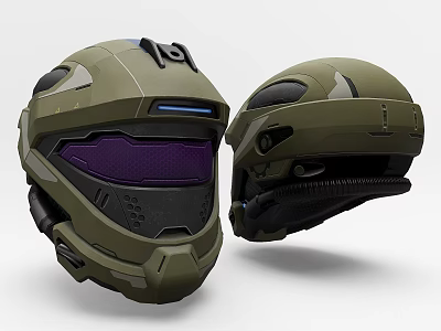 Futuristic Green Tactical Helmet with Purple Visor and Military Design Details 3d model