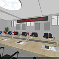 Spacious Conference Room With Long Table Flags Projection Screen And Round Ceiling Light 3d model