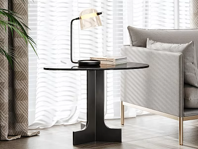 Modern Round Side Table with Black Frame Marble Top and Table Lamp in Living Room 3d model