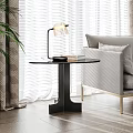 Modern Round Side Table with Black Frame Marble Top and Table Lamp in Living Room