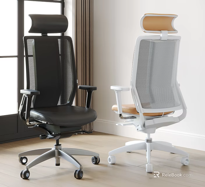 Two Modern Black and White Mesh Office Chairs in Interior Design Space 3d model